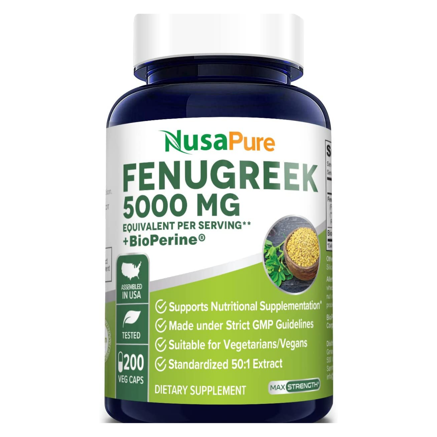 FENUGREEK FENOGRECO ALHOLVA CON BIOPERINA 5,000 MG 200 CAPSULAS NUSAPURE