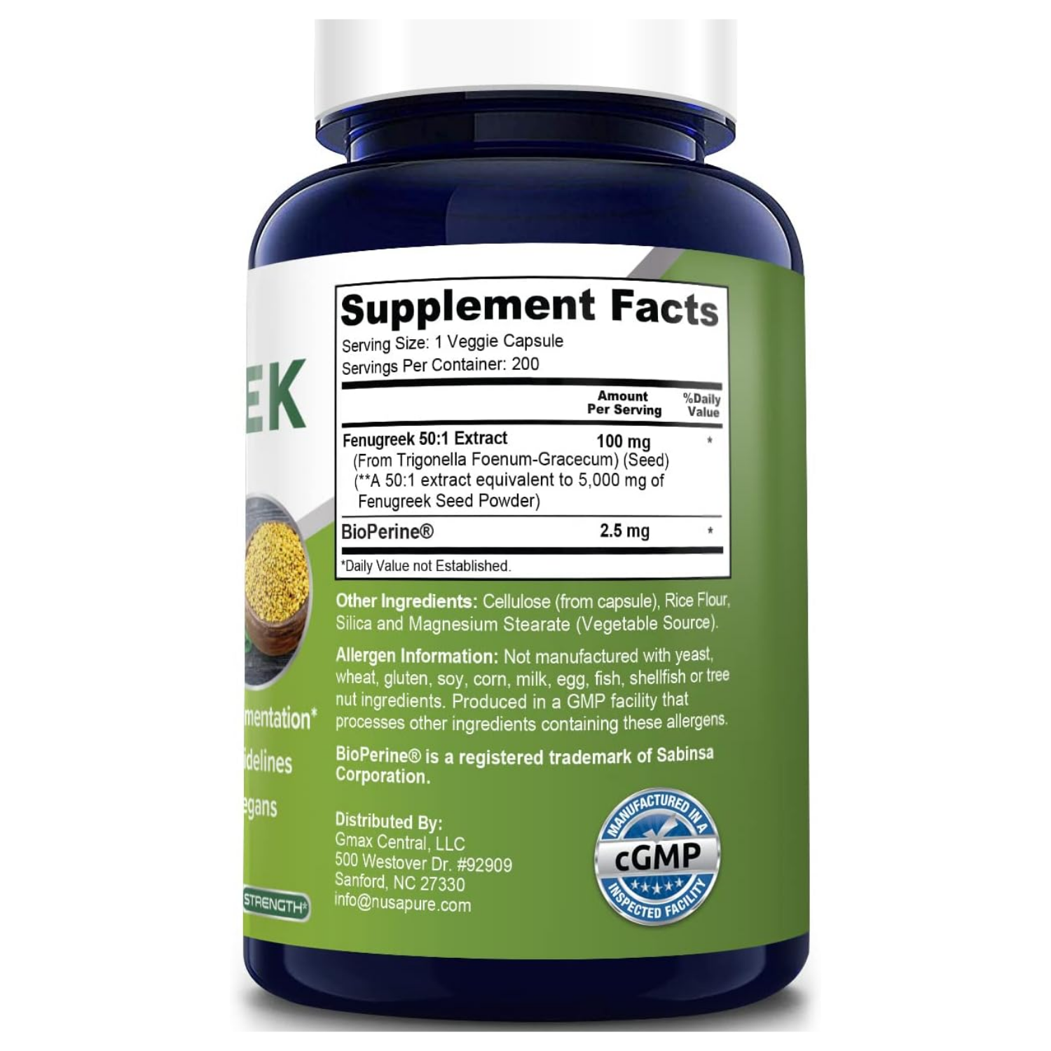 FENUGREEK FENOGRECO ALHOLVA CON BIOPERINA 5,000 MG 200 CAPSULAS NUSAPURE