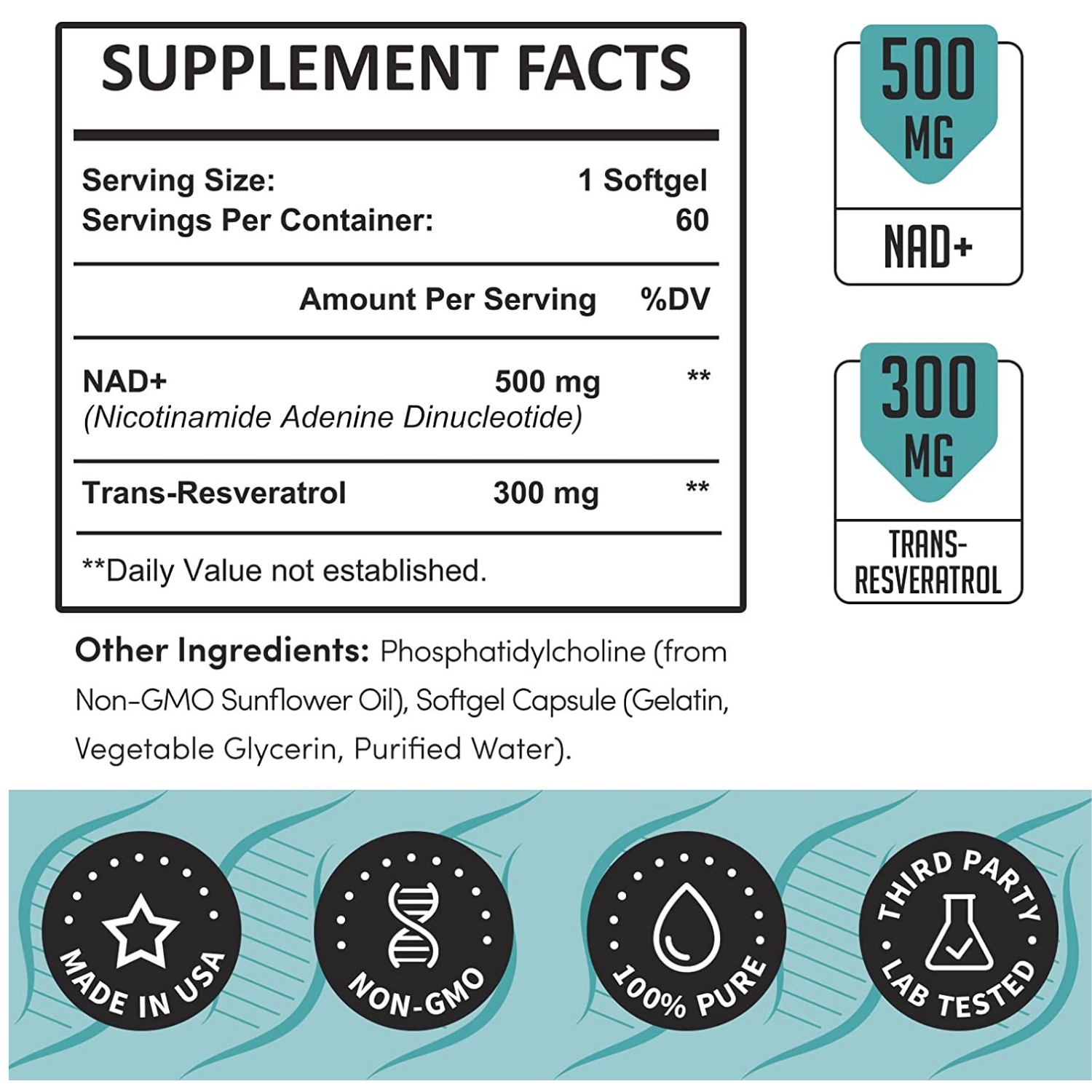 NAD+ 500 MG TRANS RESVERATROL LIPOSOMAL 300 MG 60 CAPSULAS BLANDAS SIN GMO RHAMOPH