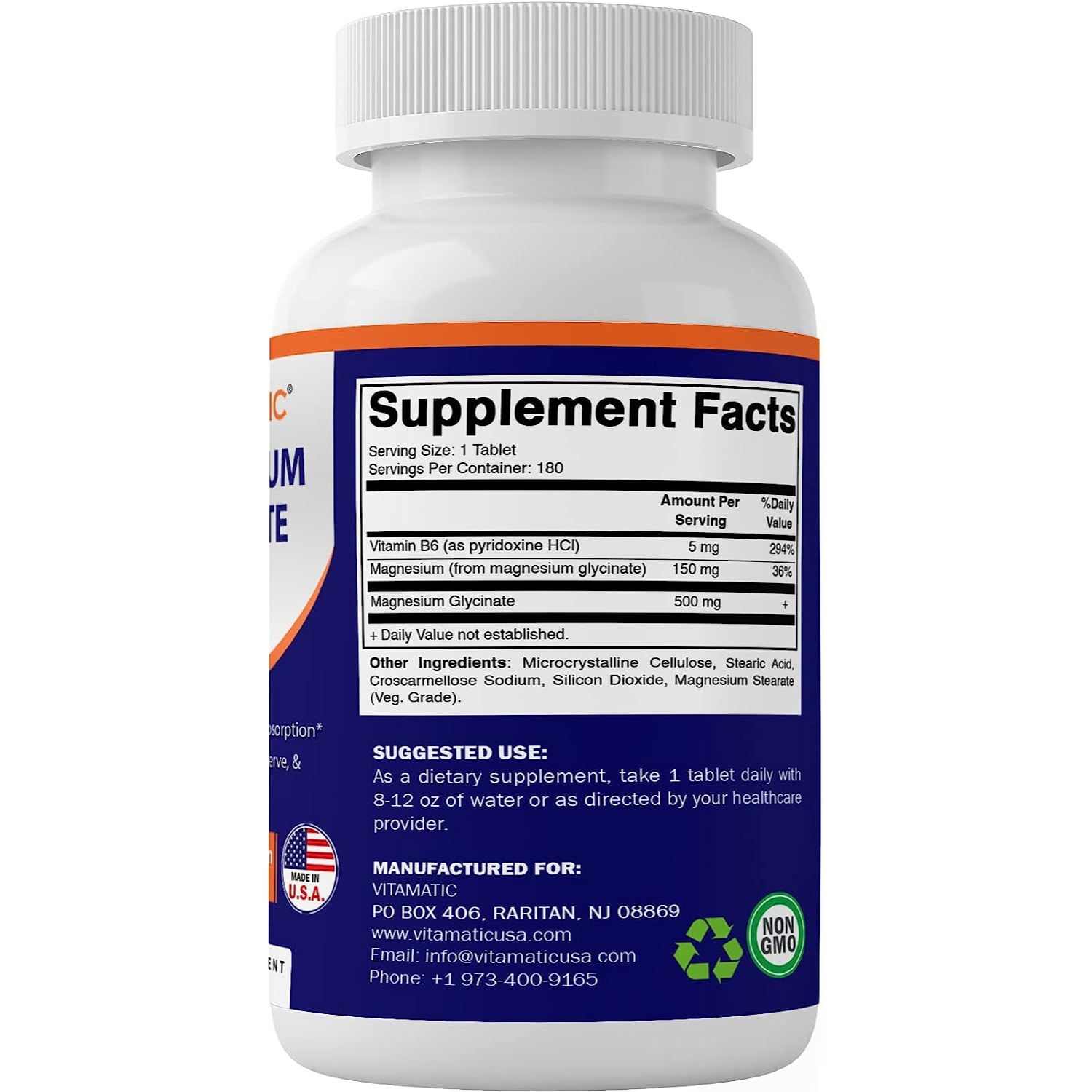 GLICINATO DE MAGNESIO 500 MG CON VITAMINA B6 5 MG 180 CAPSULAS SIN GMO VITAMATIC