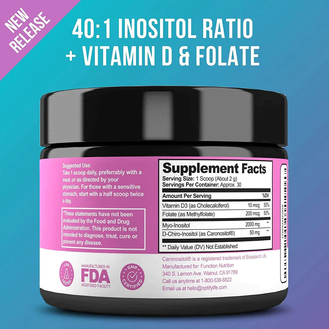 MYO DCHIRO INOSITOL 2050 MG CON FOLATE 200 MG Y VITAMINA D3 10 MCG 62G VEGANO OPTIFY