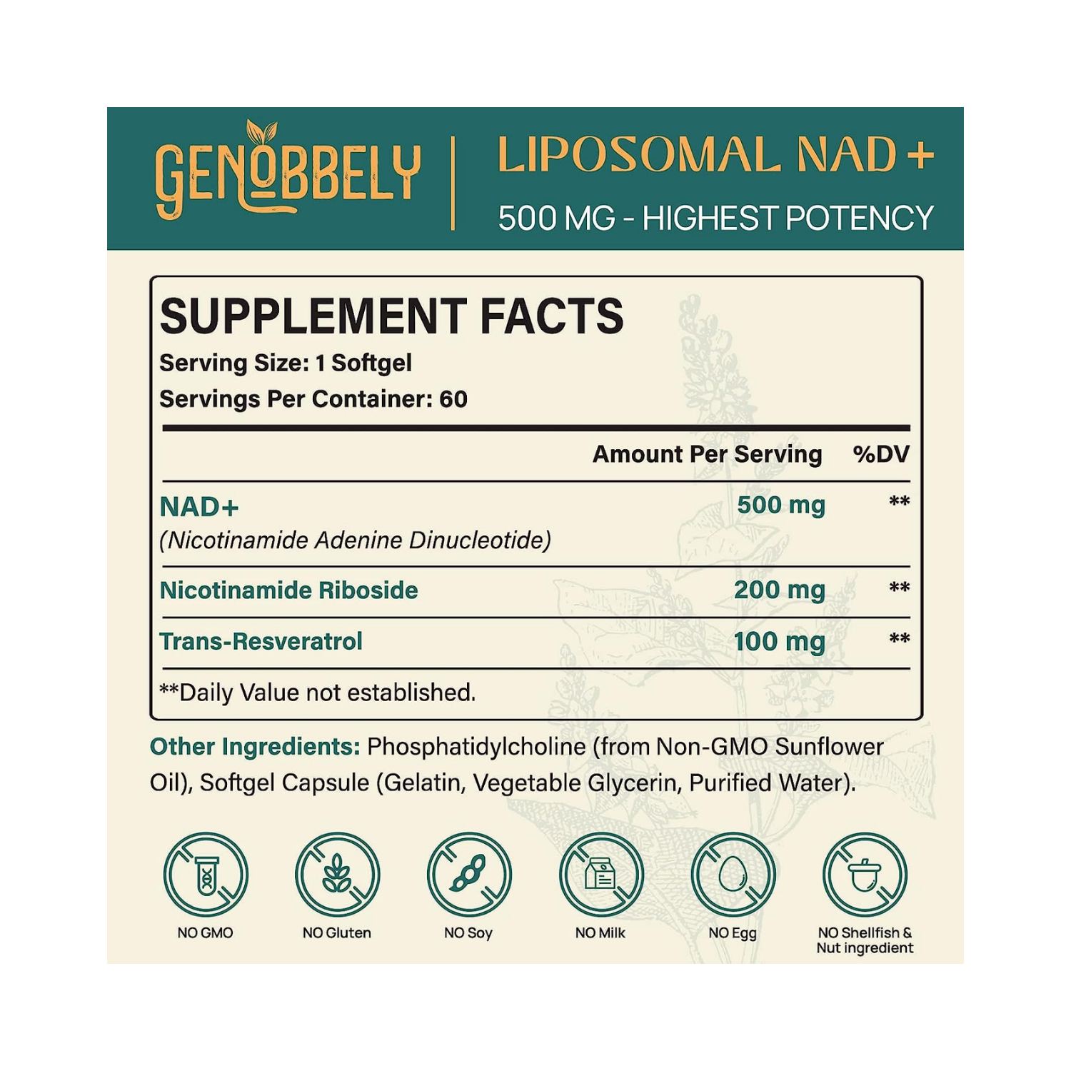 NAD+ LIPOSOMAL 800 MG 60 CAPSULAS BLANDAS SIN GMO GENOBBELY