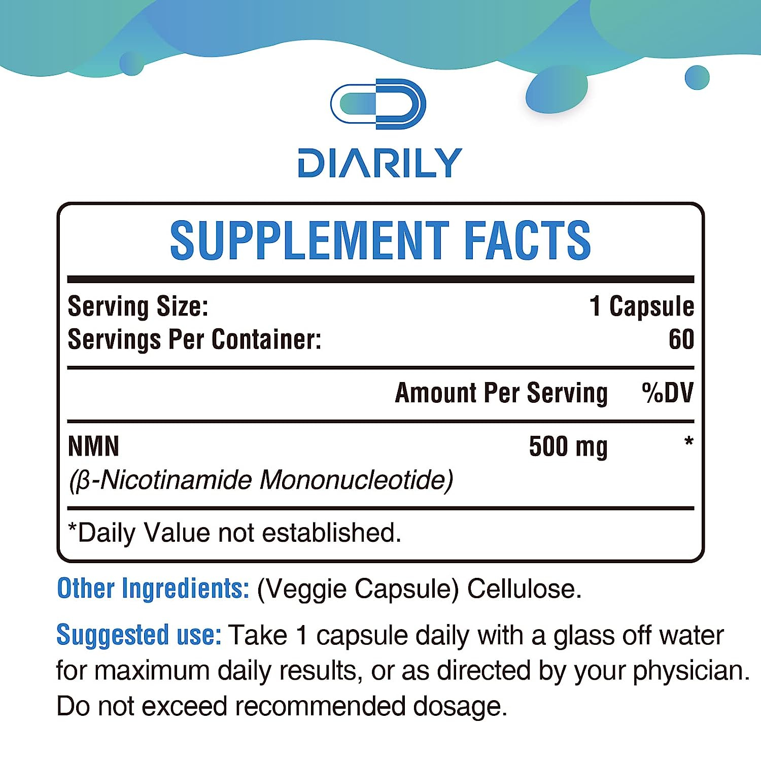 NMN MONONUCLEÓTIDO DE NICOTINAMIDA 500 MG 60 CAPSULAS DIARILY