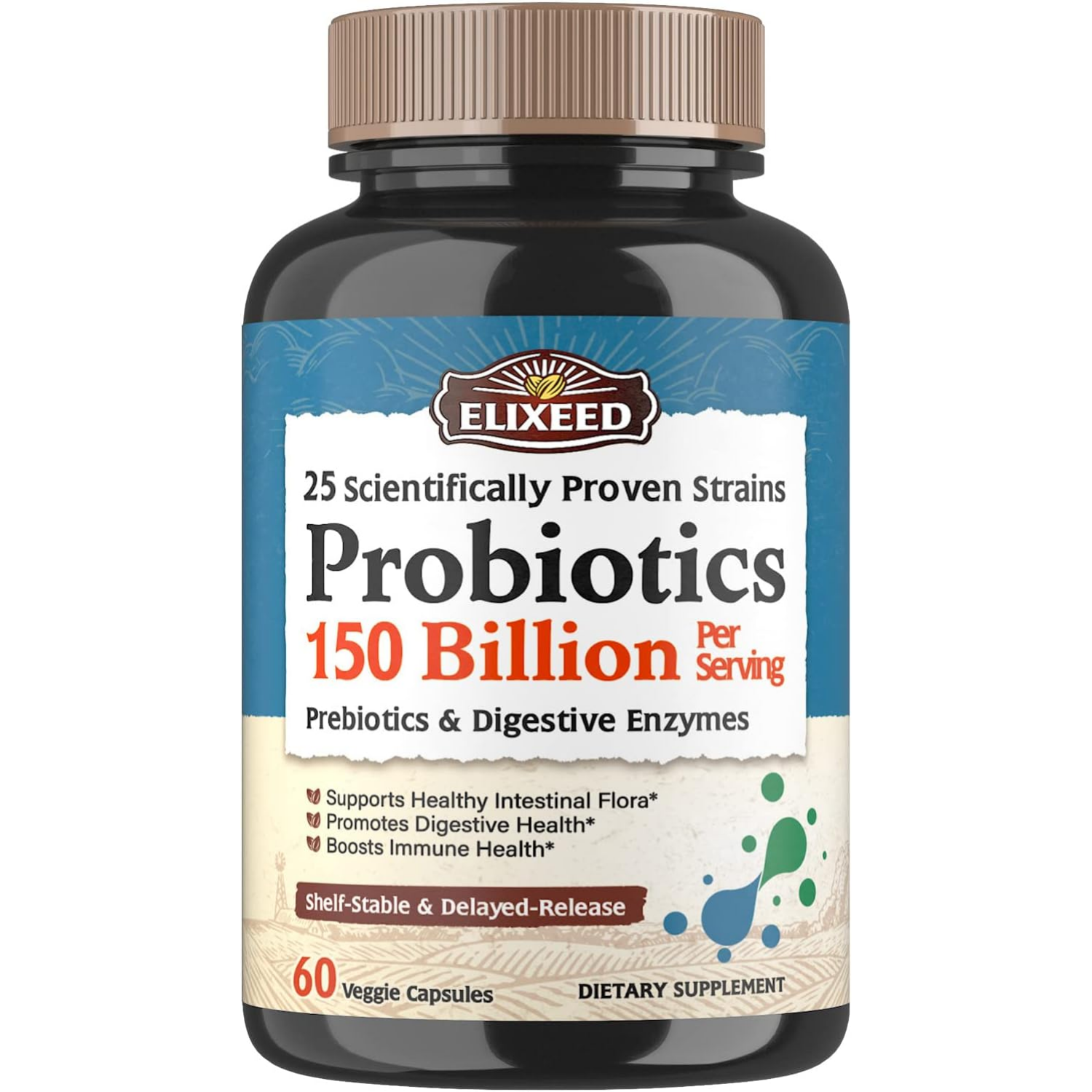 PROBIOTICOS CON ENZIMAS DIGESTIVAS 25 CEPAS 150 BILLONES CFU 60 CAPSULAS ELIXEED