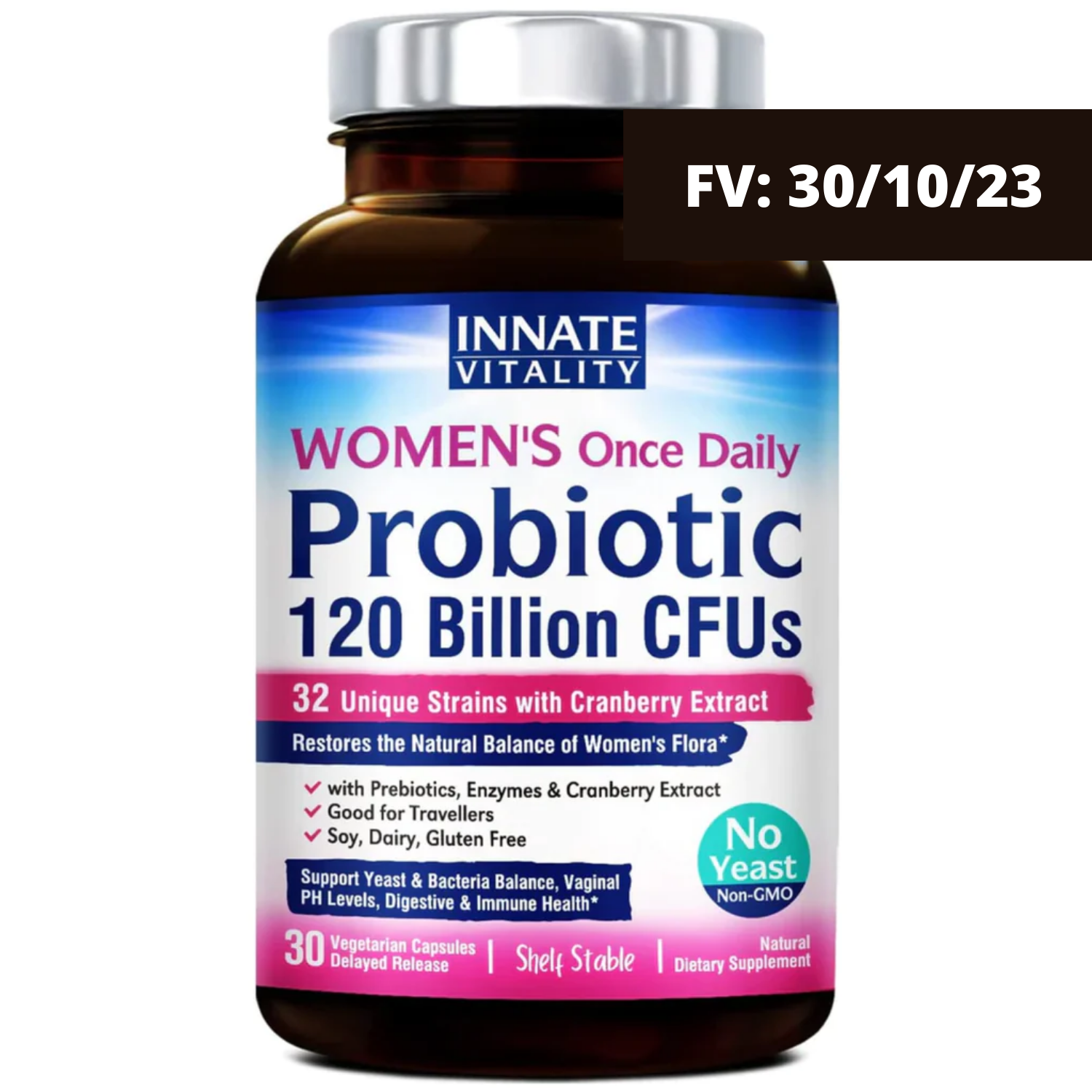 PROBIOTICOS CON ENZIMAS Y CRANBERRY PARA MUJERES 32 CEPAS 120 BILLONES CFU 30 CAPSULAS INNATE VITALITY
