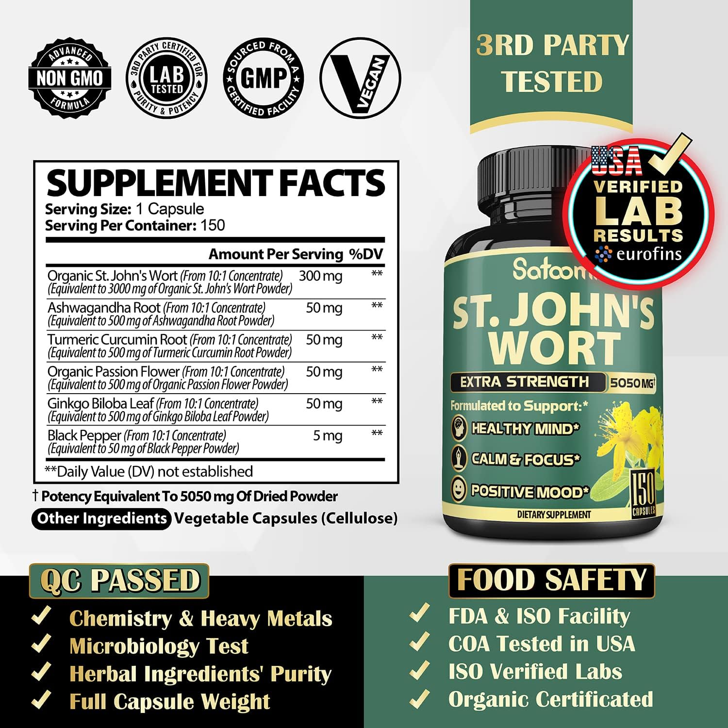 ST JHONS WORT HIERBA DE SAN JUAN 5,050 MG 150 CAPSULAS VEGANO SIN GMO SATOOMI