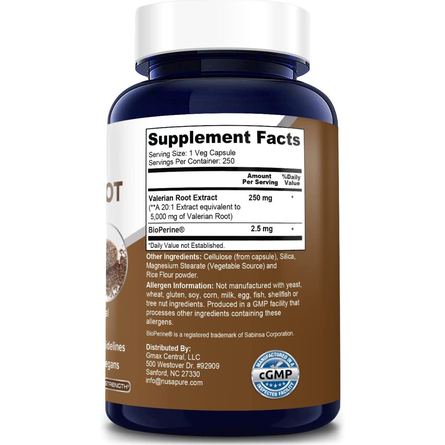 RAIZ DE VALERIANA VALERIAN ROOT 5000 MG 250 CAPSULAS VEGETALES SIN GMO NUSAPURE