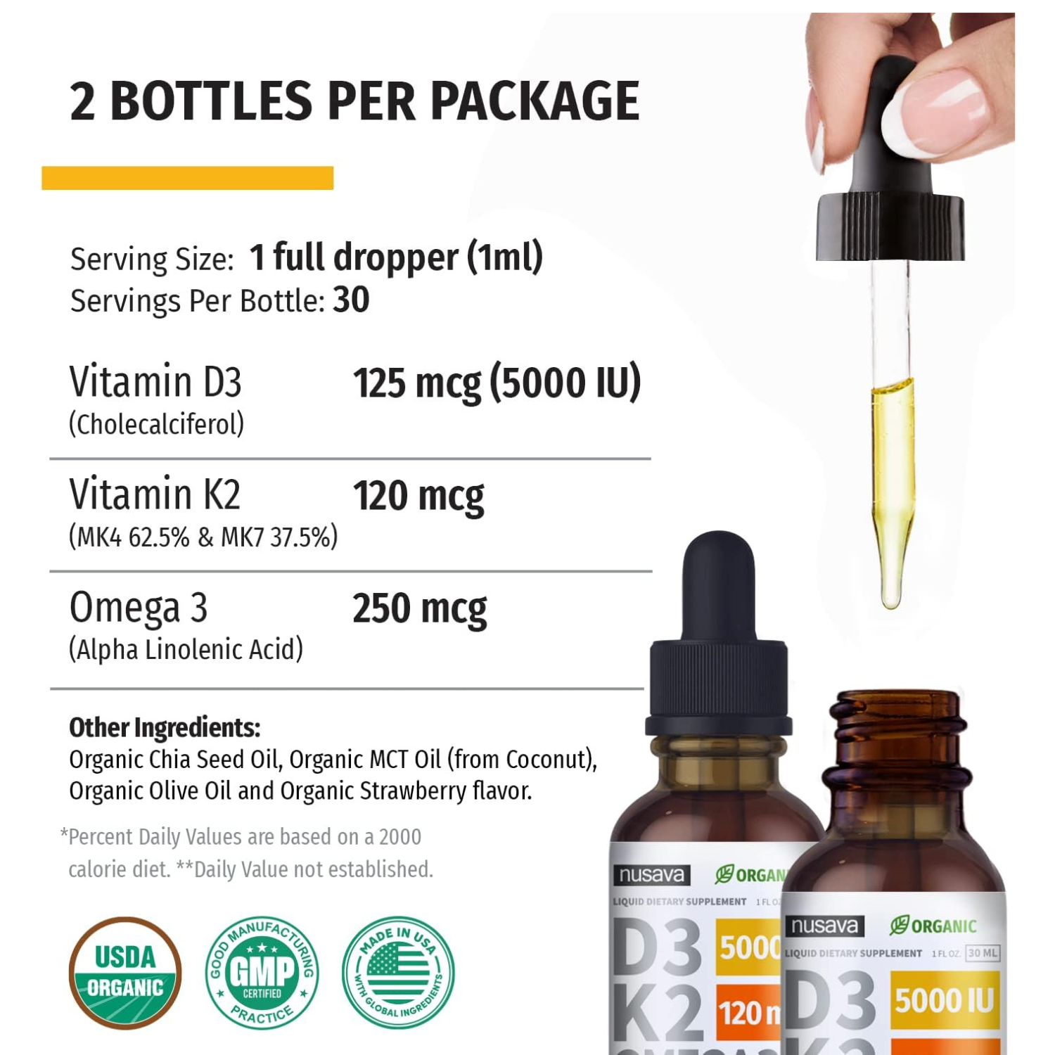 VITAMINA D3 125 MCG K2 120 MCG + OMEGA 3 250 MCG 5,000 IU 30 ML SIN GMO NUSAVA