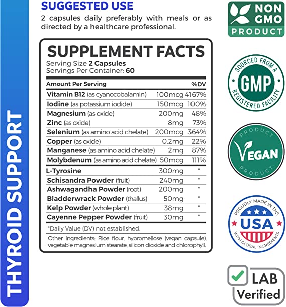 SOPORTE PARA TIROIDES  868 MG CON TIROSINA 300 GMG Y SCHISANDRA 240 MG 120 CAPSULAS VEGANO HEALTHS HARMONY