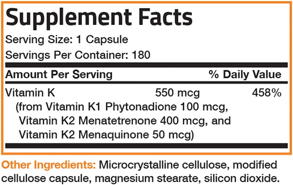 VITAMINA K 1,100 MCG 180 CAPSULAS SIN GMO BRONSON
