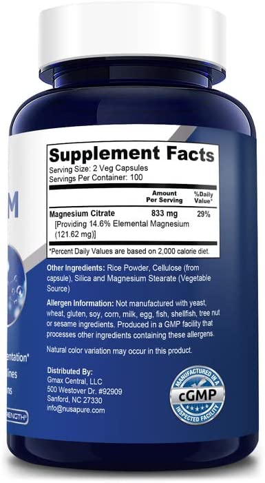 CITRATO DE MAGNESIO NUSAPURE 833MG 200 CAPSULAS VEGANO