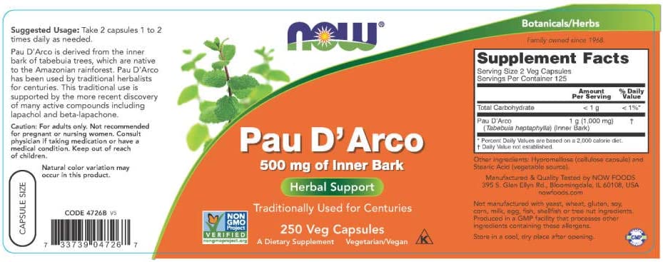 PALO DE ARCO NOW 500 MG 250 CAPSULAS PAU D ARCO