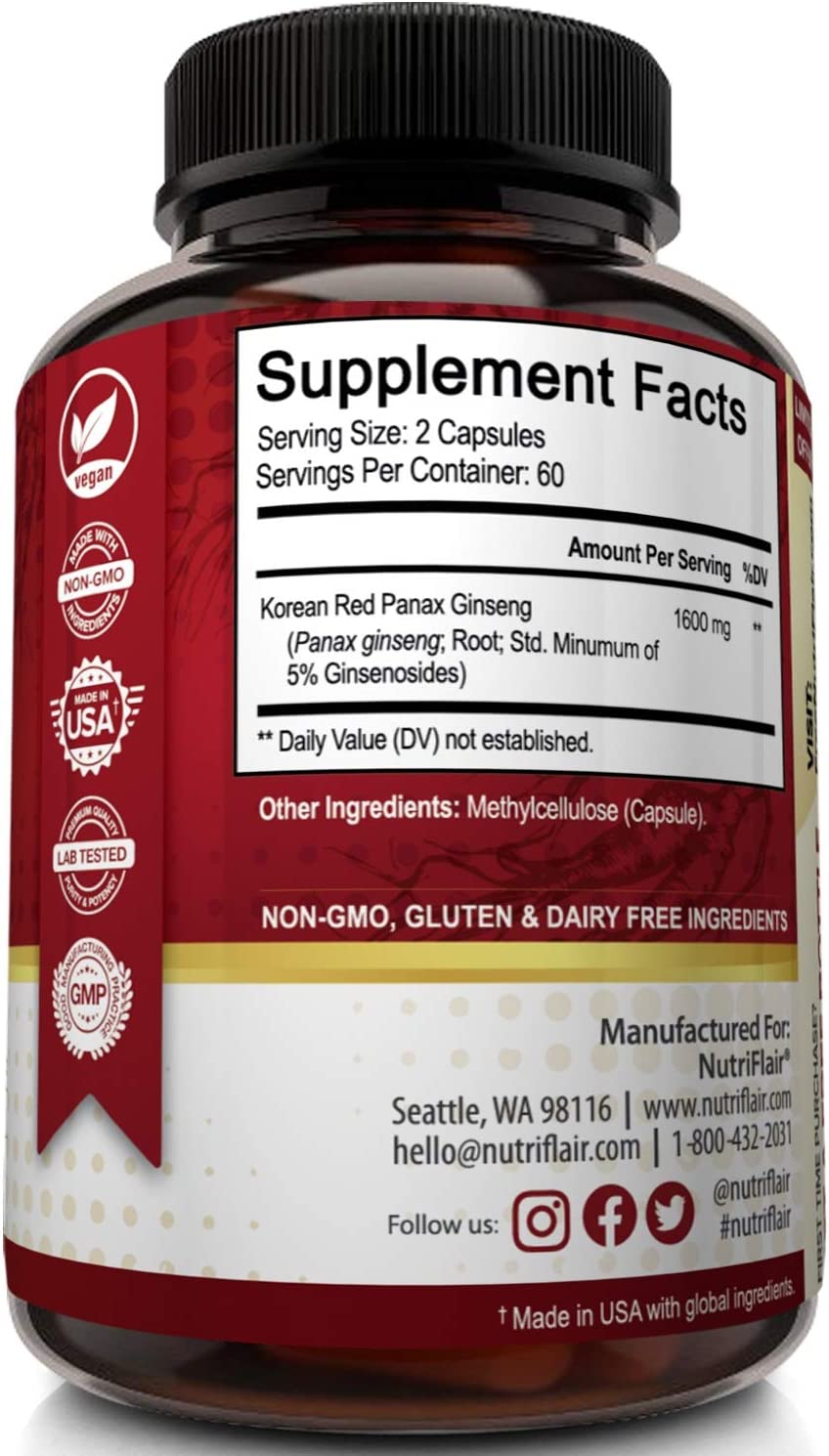GINSENG COREANO ROJO 1,600 MG 120 CAPSULAS VEGETALES SIN GMO VEGANO NUTRIFLAIR