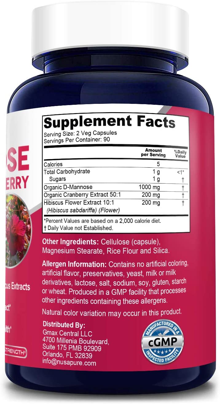 D MANOSA 1000 MG CON HIBISCO 200 MG Y ARÁNDANO 200 MG 180 CAPSULAS VEGETALES NUSAPURE