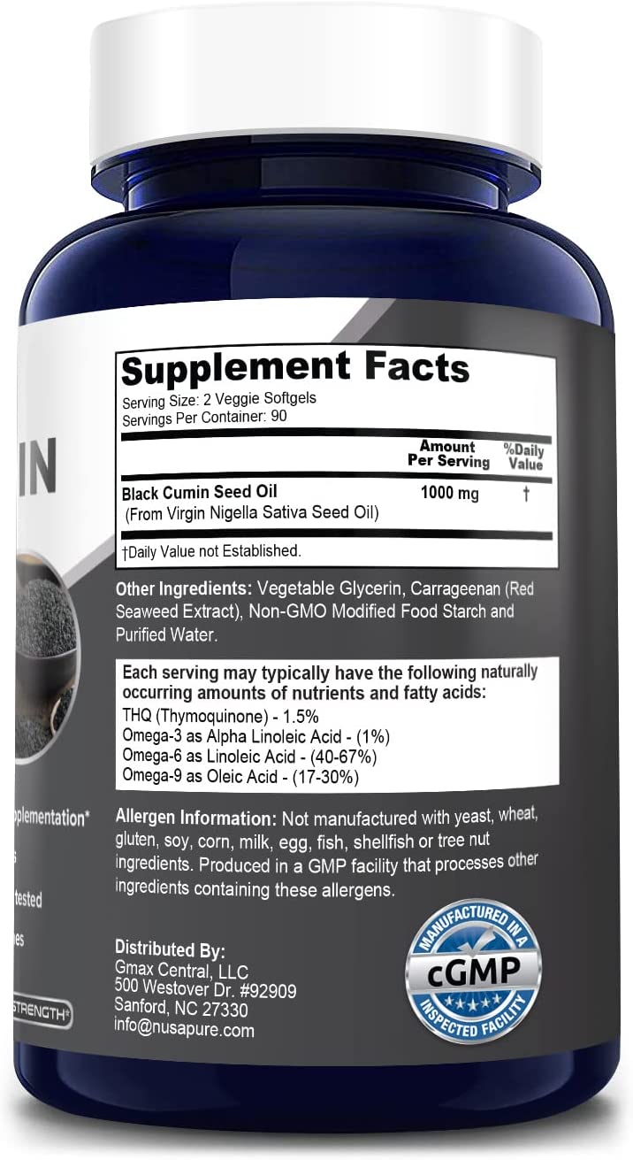 ACEITE DE COMINO NEGRO NUSAPURE 1000 MG 180 CAPSULAS SIN GMO BLACK CUMIN SEED OIL