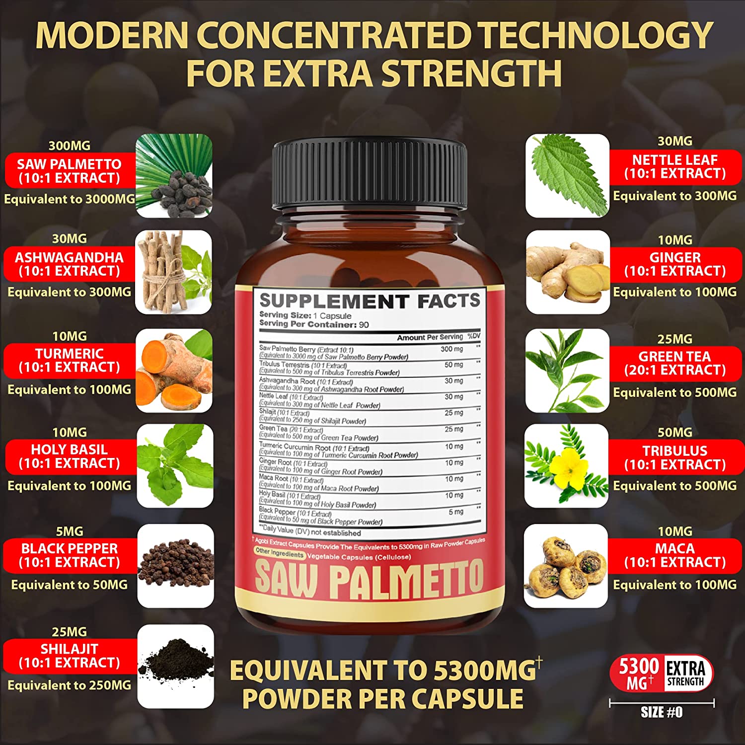 SAW PALMETTO 5300 MG ASHWAGANDHA 300 MG CON TRÍBULO 500 MG  90 CAPSULAS AGOBI