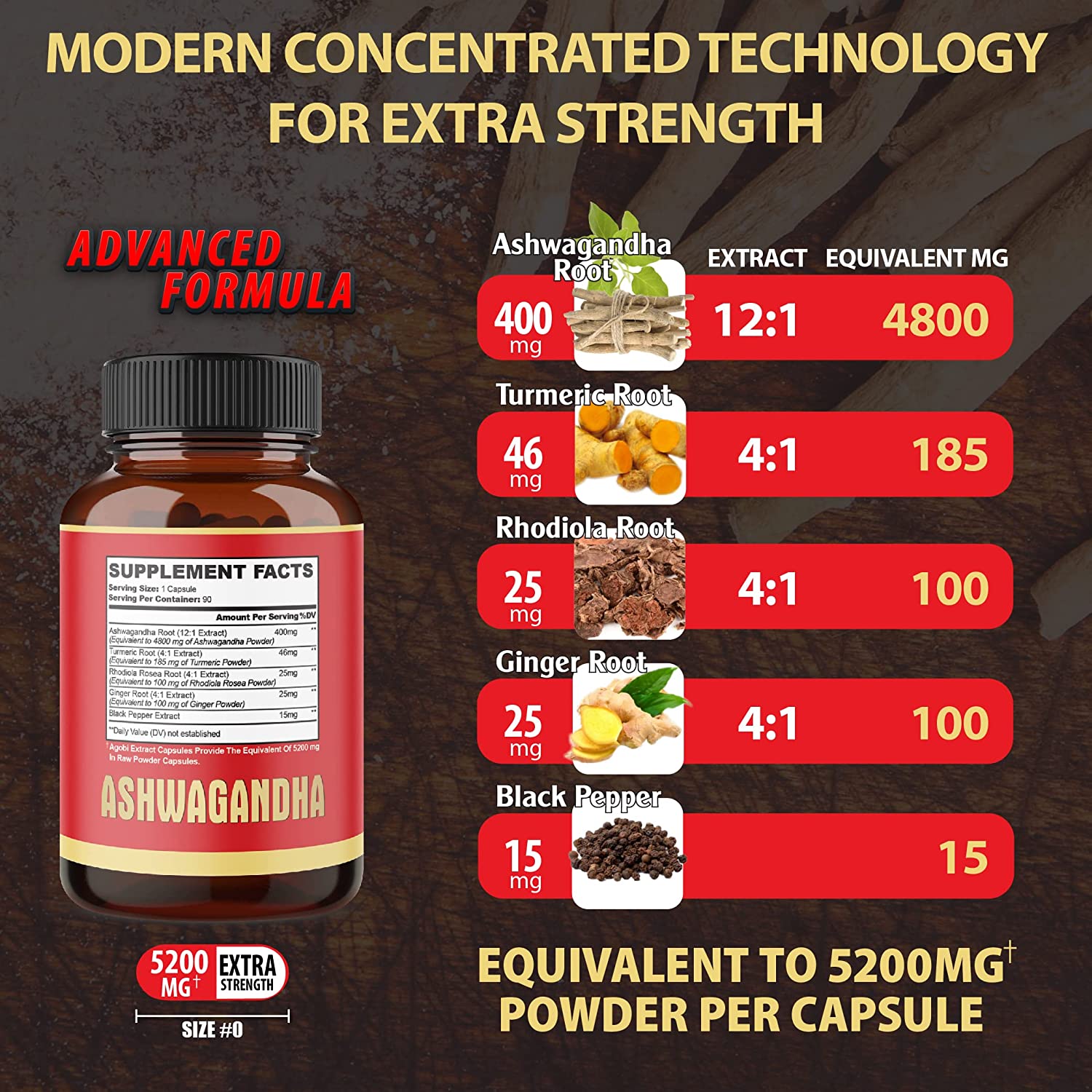 ASHWAGANDHA EXTRA FUERTE 4800 MG + RAIZ DE CURCUMA 185 MG + RAIZ DE RODIOLA 100 MG 90 CASPULAS SIN GMO VEGANO AGOBI