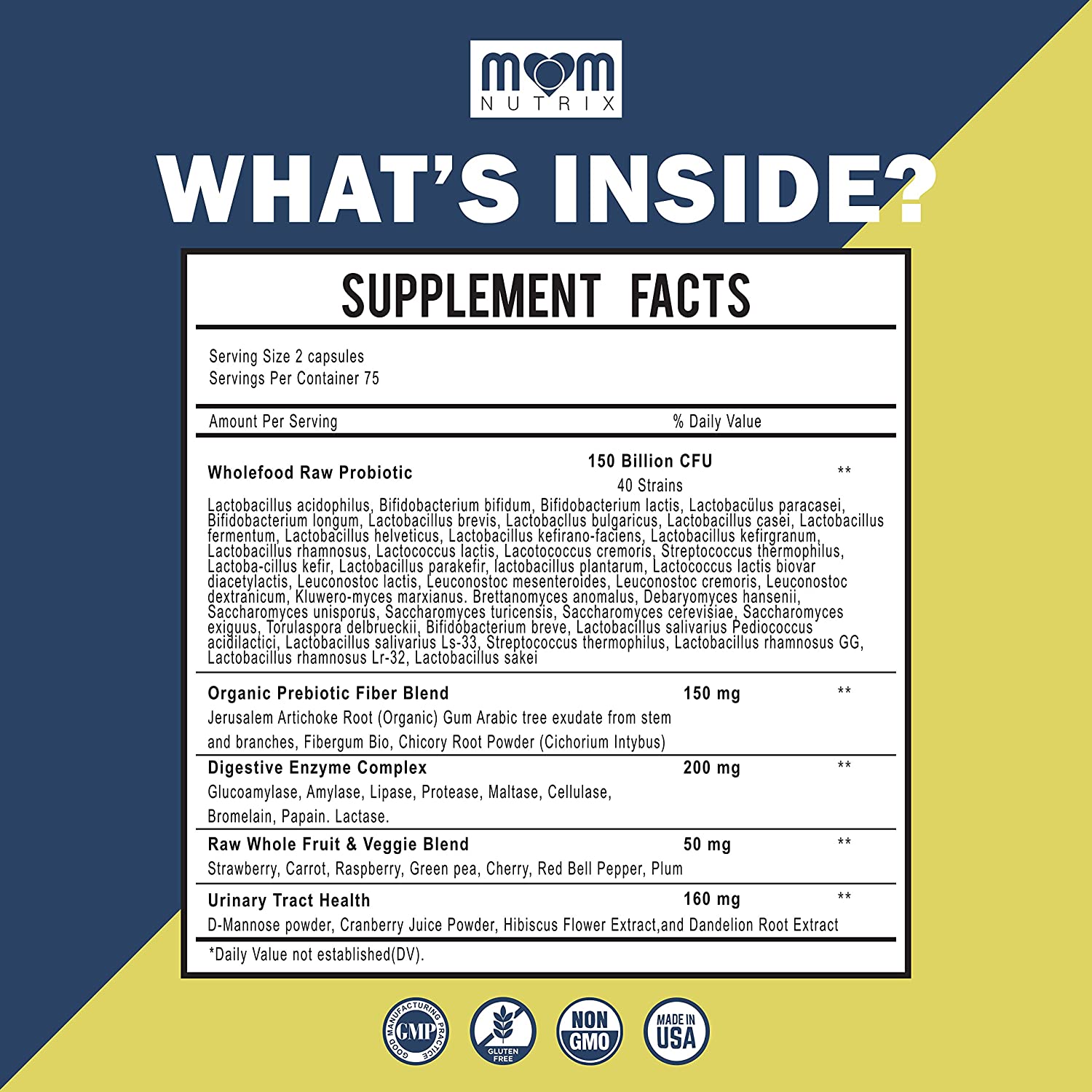 PROBIOTICOS Y PREBIOTICOS 40 CEPAS 150 BILLONES CFU 150 CAPSULAS SIN GMO MOMNUTRIX