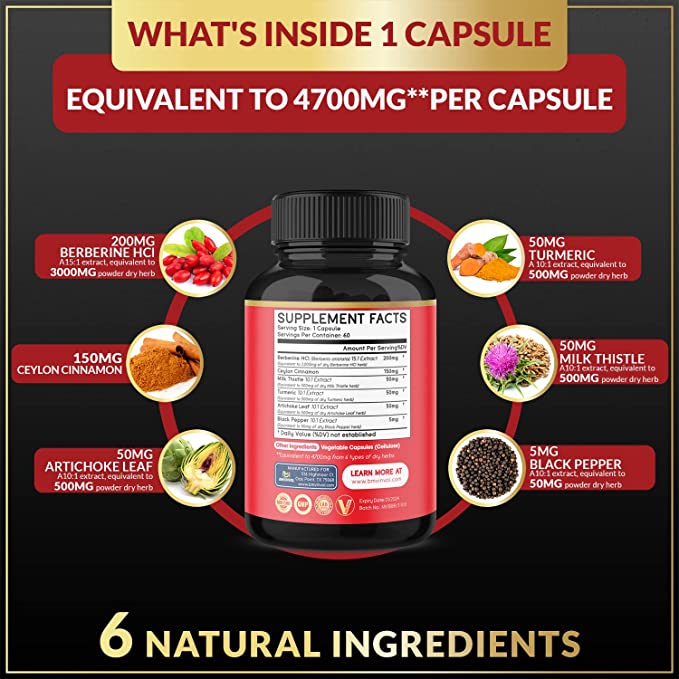 BERBERINA  ROJA 3000 MG CON HOJA DE ALCACHOFA 500 MG Y CARDO MARIANO (MILK THISTLE) 500 MG 150 MG 60 CAPSULAS VEGANO BMVINVOL