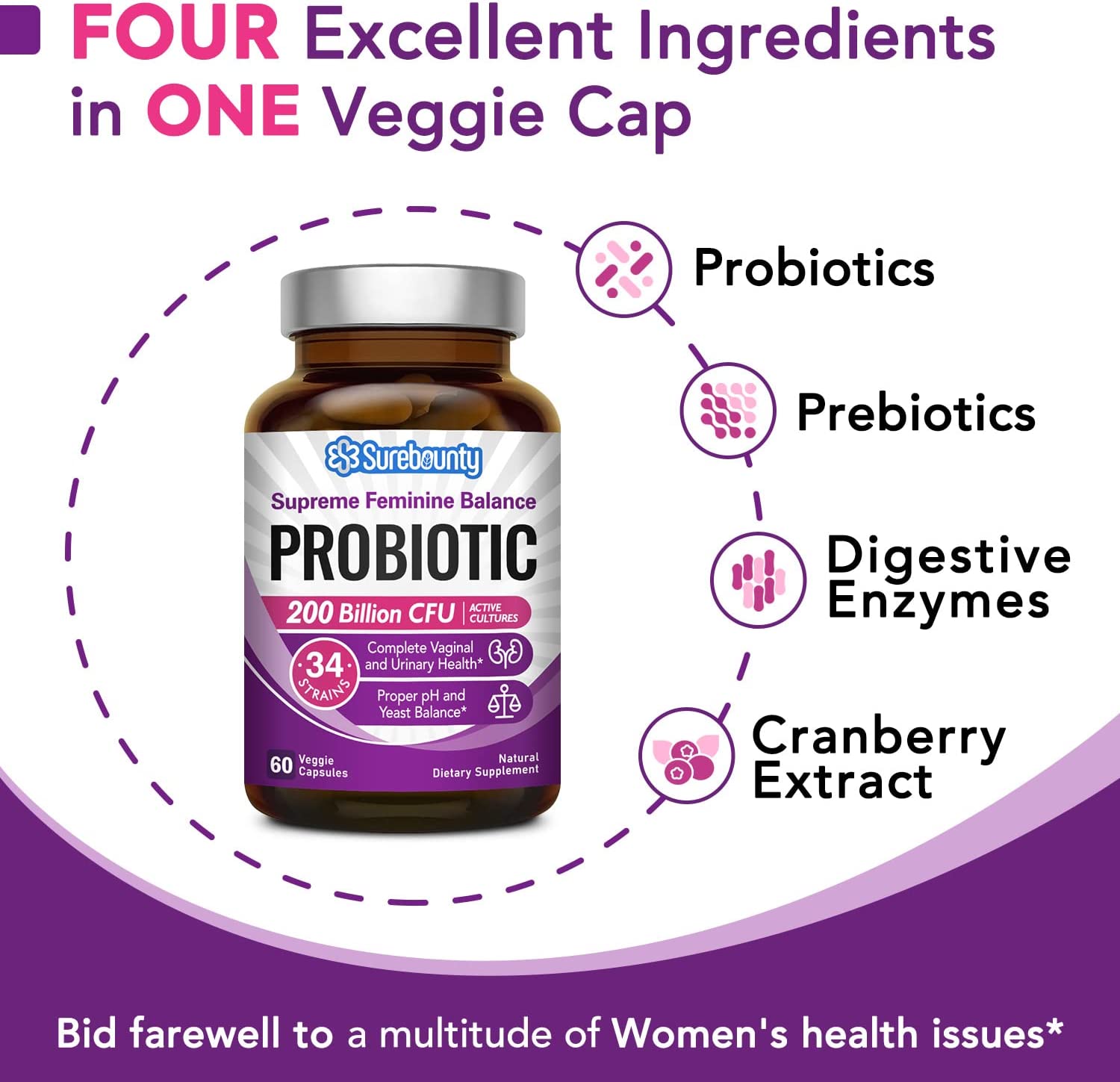 PROBIOTICOS CON ENZIMAS DIGESTIVAS Y CRANBERRY PARA MUEJRES 34 CEPAS 200 BILLONES CFU 60 CAPSULAS SUREBOUNTY