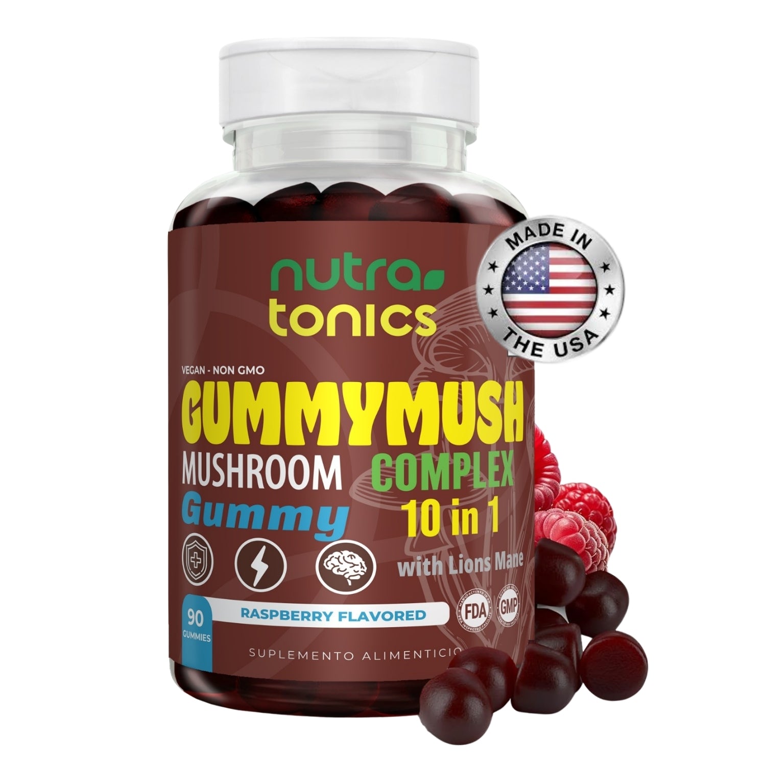 MUSHROOM COMPLEX 2,500 MG HONGOS 10 EN 1 GUMMYMUSH 90 GOMITAS NUTRARTONICS CON MELENA DE LEÓN, CORDYCEPS, COLA DE PAVO VEGANO, NO GMO, SIN GLUTEN