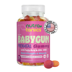 ÁCIDO FÓLICO 300 MCG + DHA PRENTAL BABYGUM 90 GOMITAS NUTRATONICS – MULTIVITAMINICO PARA MUJERES Y MADRES NO GMO, SIN GLUTEN