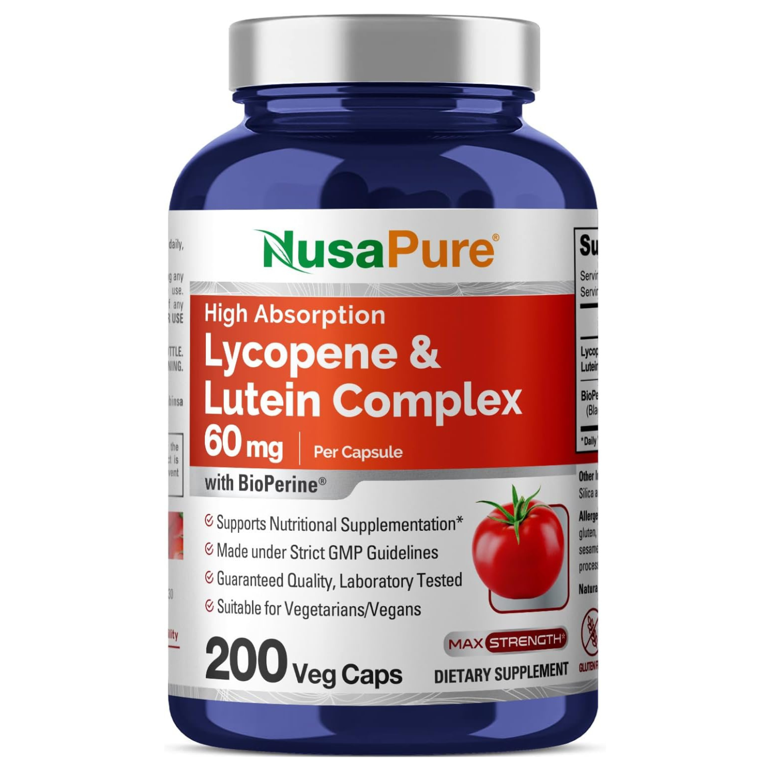 LICOPENO CON LUTEÍNA + BIOPERINA NUSAPURE 60 MG 200 CAPSULAS VEGETALES LYCOPENE WITH LUTEIN + BIOPERINE