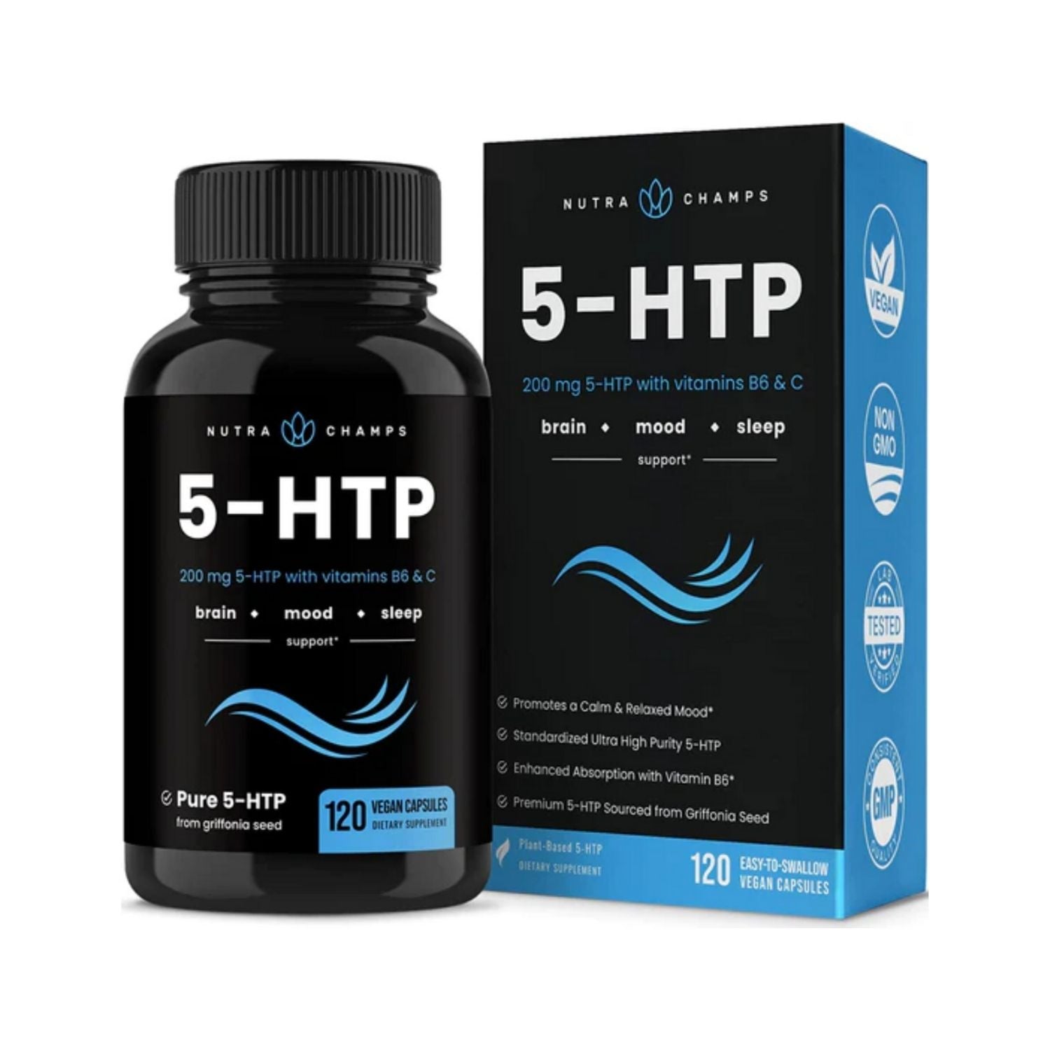 5-HTP  200 MG 120 CAPSULAS CON VITAMINA B6 20 MG Y VITAMINA C 20 MG NO GMO VEGANO NUTRA CHAMPS