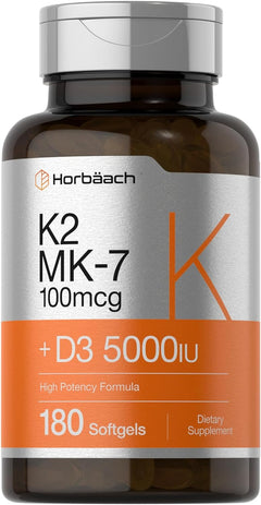 VITAMINA D3 K2 MK7 5000IU 100 MCG 180 CAPSULAS BLANDAS SIN GMO HORBAACH