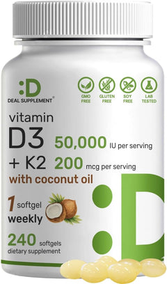 VITAMINA D3 K2 CON ACEITE DE COCO  DEAL 50000IU 200 MCG 240 CÁPSULAS BLANDAS NO GMO DEAL COCONUT OIL