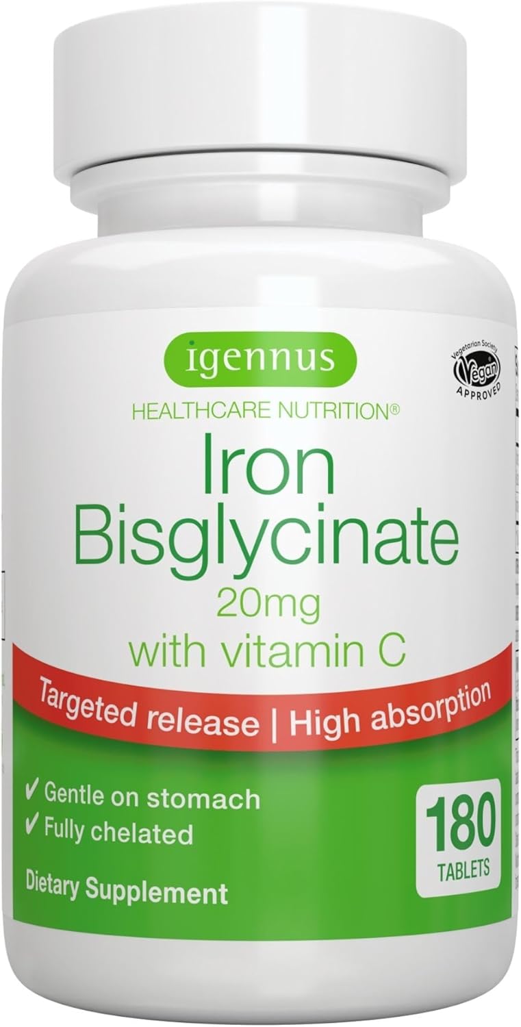 BISGLICINATO DE HIERRO + VITAMINA C 20 MG 180 TABLETAS VEGANO NO GMO IGENNUS