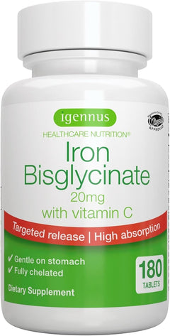 BISGLICINATO DE HIERRO + VITAMINA C 20 MG 180 TABLETAS VEGANO NO GMO IGENNUS