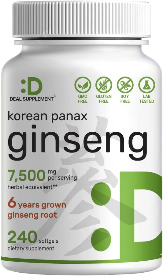 GINSENG PANAX ROJO COREANO 7,500 MG 240 CAPSULAS BLANDAS SIN GMO GINSENG KOREAN PANAX DEAL