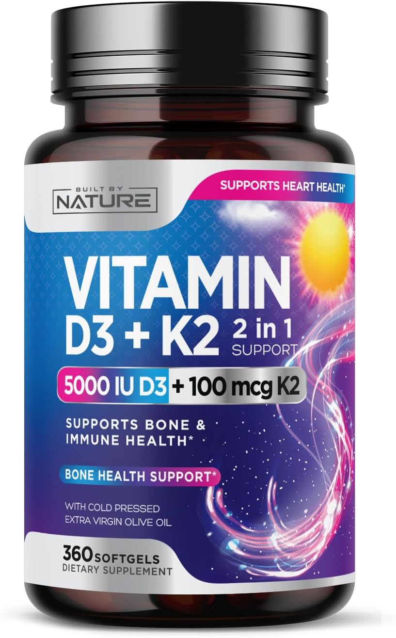VITAMINA D3 + K2  5000 IU 100 MCG BUILT BY NATURE 360 CAPSULAS BLANDAS NO GMO