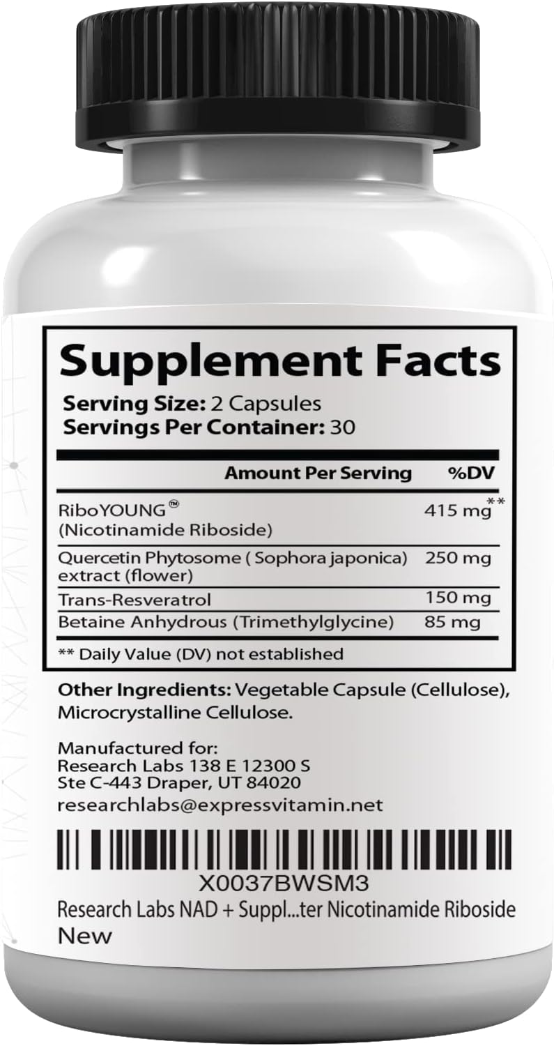 NAD NICOTINAMIDE RIBOSIDE + RESVERATROL COMPLEX 900 MG 60 CAPULAS NO GMO RESEARCH LABS