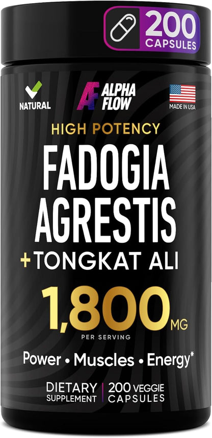 FADOGIA AGRESTIS + TONGKAT ALI 1,800 MG 200 CAPSULAS SIN GMO VEGANO ALPHA FLOW