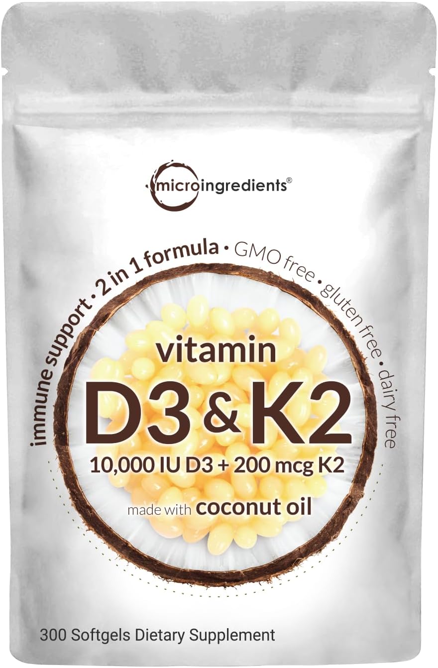 VITAMINA D3 (COLECALCIFEROL) + K2 10000 IU D3 (COLECALCIFEROL) 200 MCG K2 CON ACEITE DE COCO 300 CAPSULAS BLANDAS SIN GMO MICROINGREDIENTS