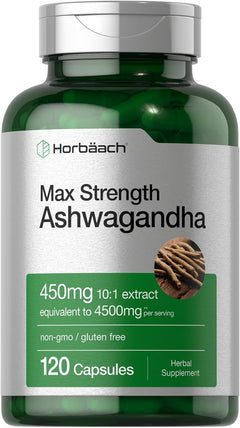 ASHWAGANDHA 4,500 MG + EXTRACTO DE PIMIENTA NEGRA 18 MG HORBAACH 120 CAPSULAS SIN GMO BLACK PEPPER EXTRACT