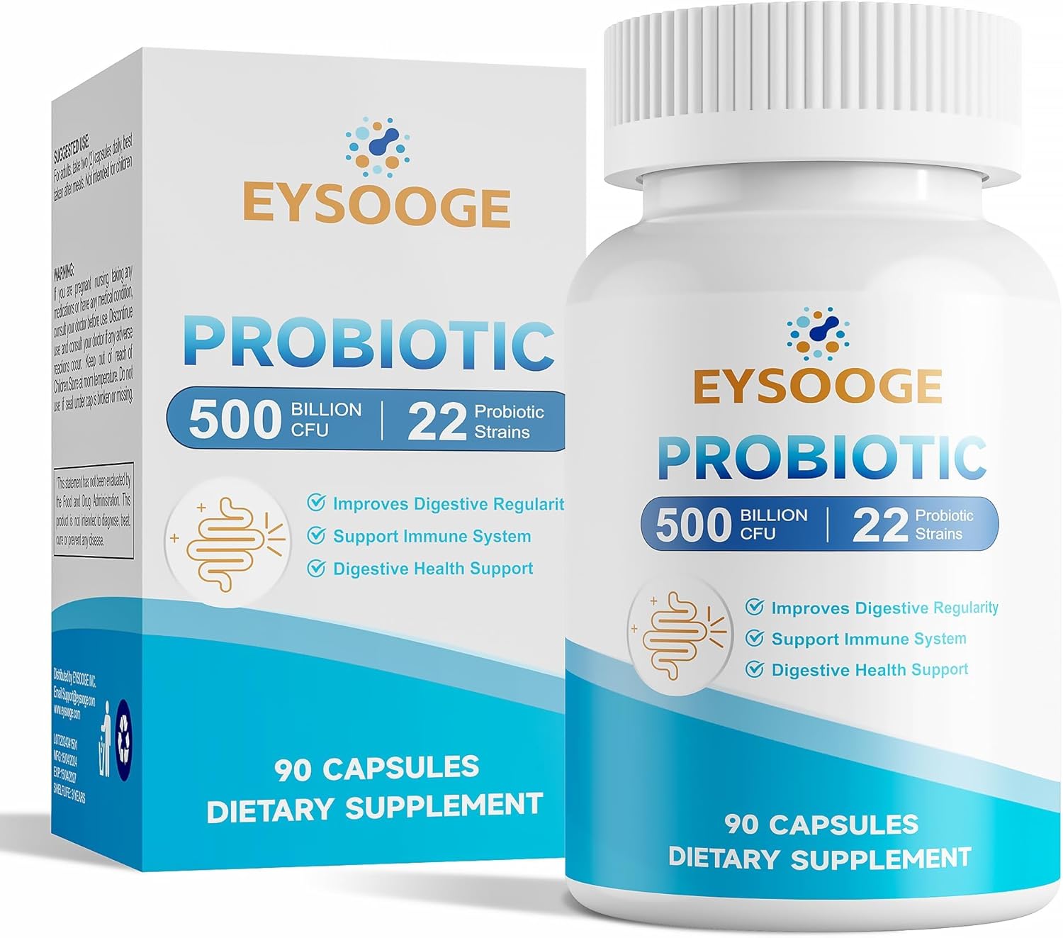 PROBIOTICOS * PREBIOTICOS 500 BILLONES CFU 22 CEPAS EYSOOGE 90 CAPSULAS VEGANO NO GMO