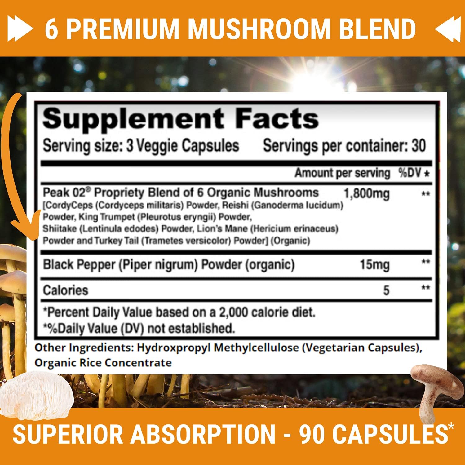 COMPLEJO DE HONGOS 1800 MG CON PIMIENTA NEGRA 15 MG 90 CAPSULAS VEGANO FRESH HEALTHCARE MUSHROOM COMPLEX