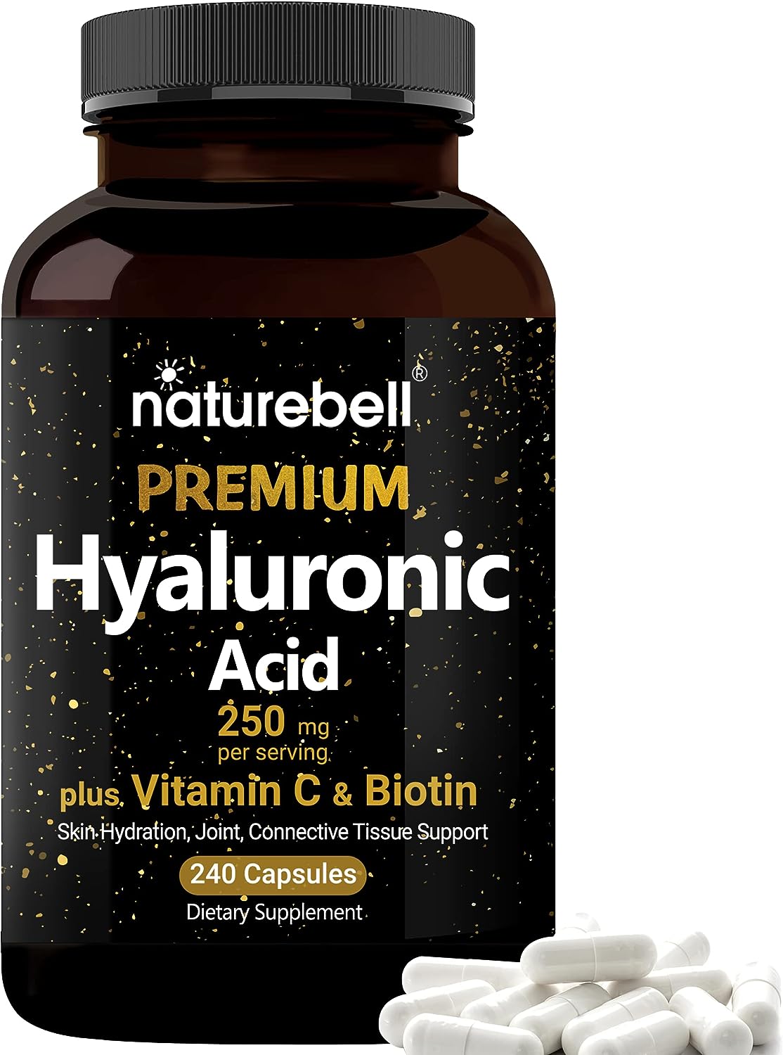 ÁCIDO HIALURONICO 250 MG HYALURONIC ACID CON VITAMINA C 25 MG Y BIOTINA 5000 MCG 240 CAPSULAS SIN GMO NATUREBELL