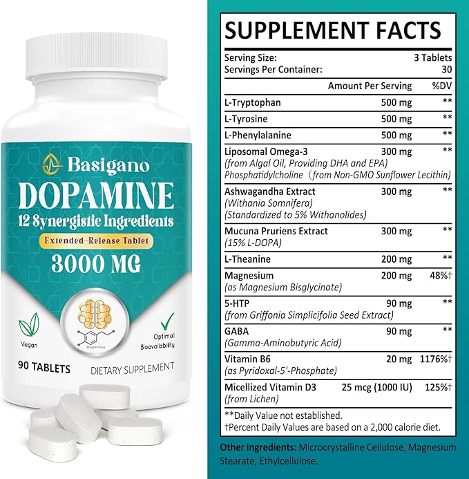 DOPAMINE 12 EN 1 3000 MG 90 TABLETAS VEGANO BASIGANO