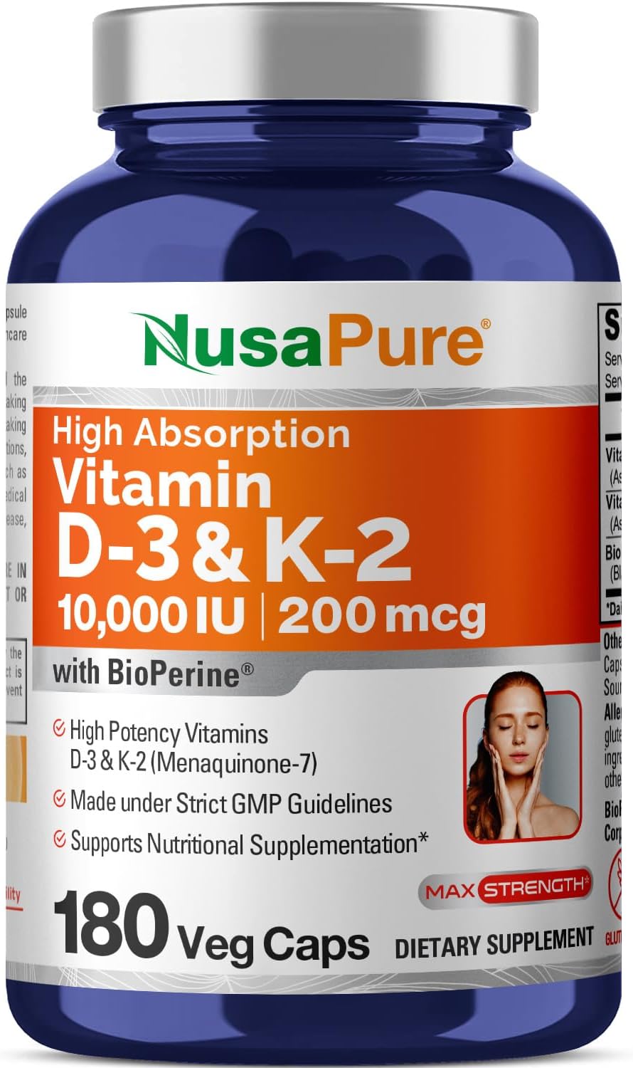 VITAMINA D3 (COLECALCIFEROL) NUSAPURE 10,000 IU K2 200 MCG 180 CÁPSULAS SIN GMO VEGANO