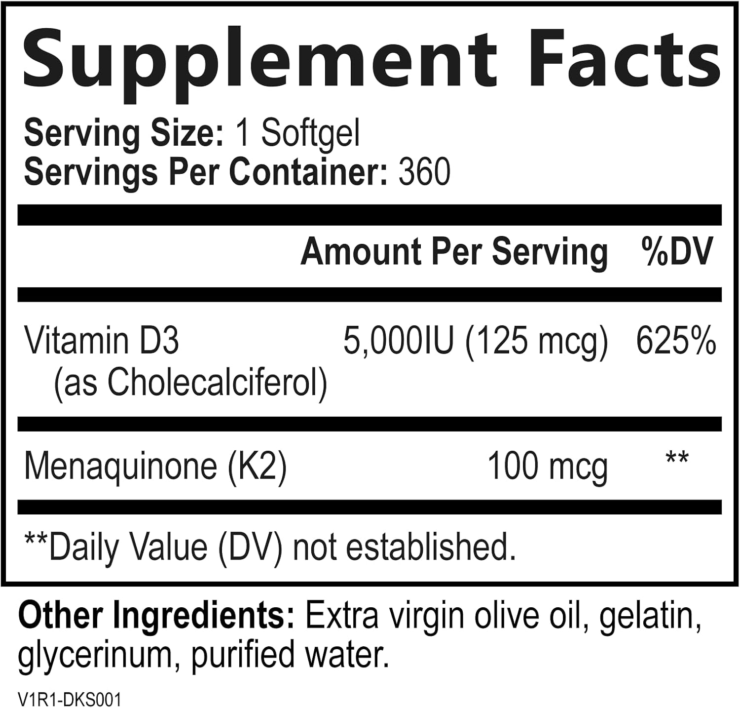 VITAMINA D3 + K2  5000 IU 100 MCG BUILT BY NATURE 360 CAPSULAS BLANDAS NO GMO