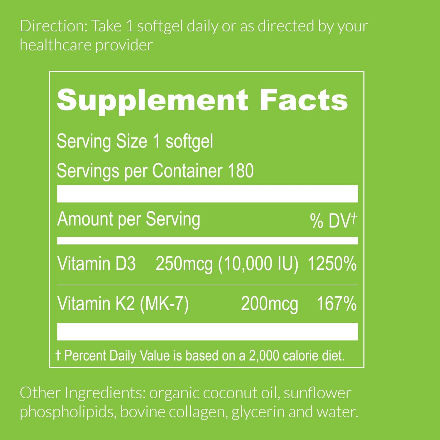 VITAMINA D3 K2 10000 IU 180 CAPSULAS BLANDAS NO GMO UPNOURISH
