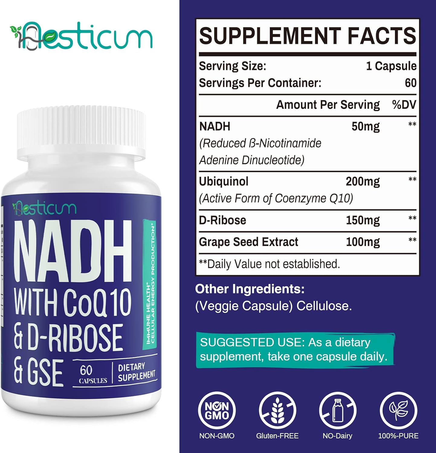 NADH 50 MG CON COQ10 200 MG Y RIBOSIDE 150 MG 60 CAPSULAS SIN GMO NESTICUM