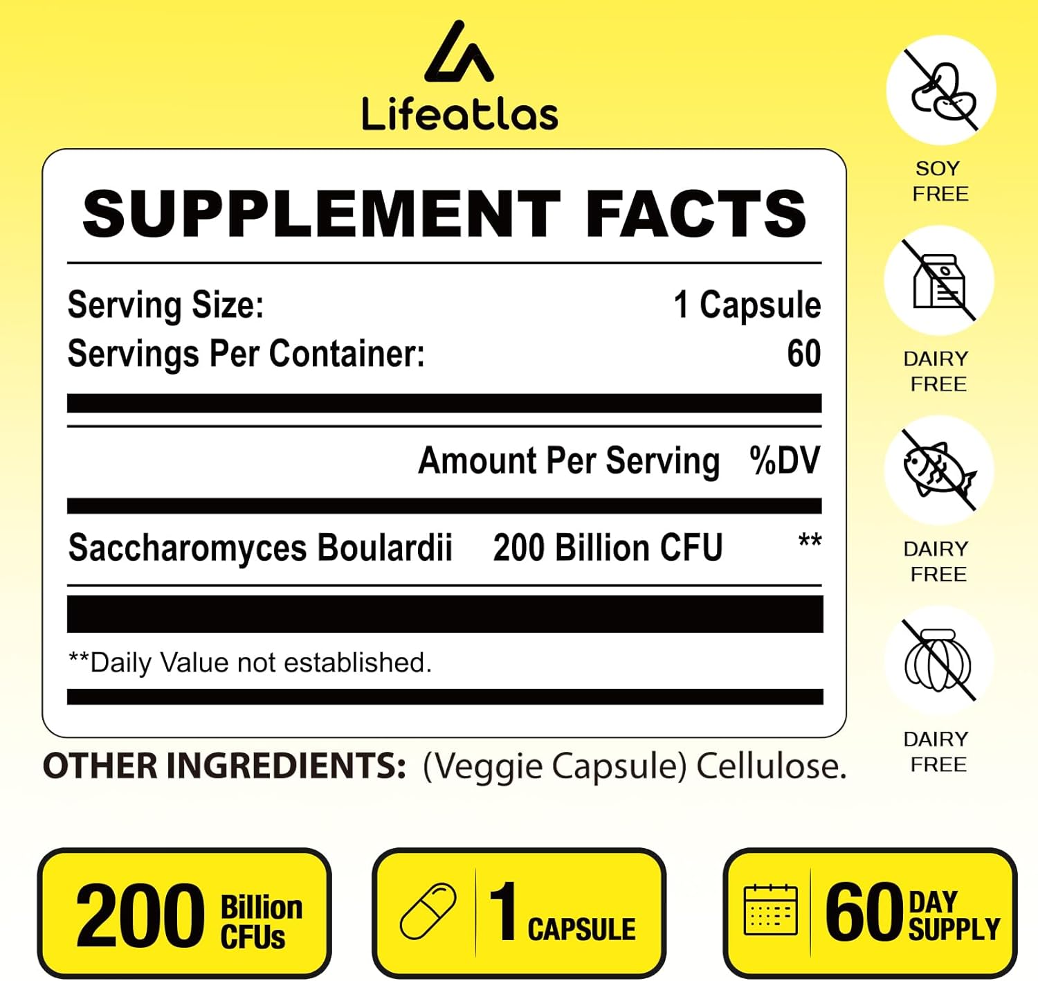 SACCHAROMYCES BOULARDI PROBIOTICOS LIFEATLAS 200 BILLONES CFU 60 CAPSULAS VEGETALES VEGANO SIN GMO LIFEATLAS