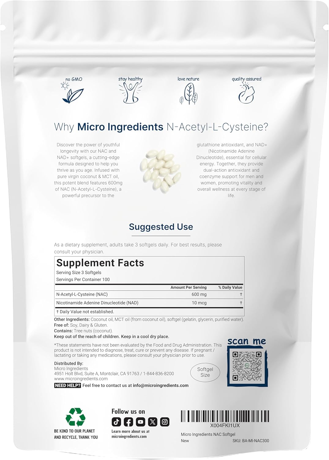 NAC CON NAD+ 600 MG 300 CAPSULAS BLANDAS NO GMO  MICRO INGREDIENTS