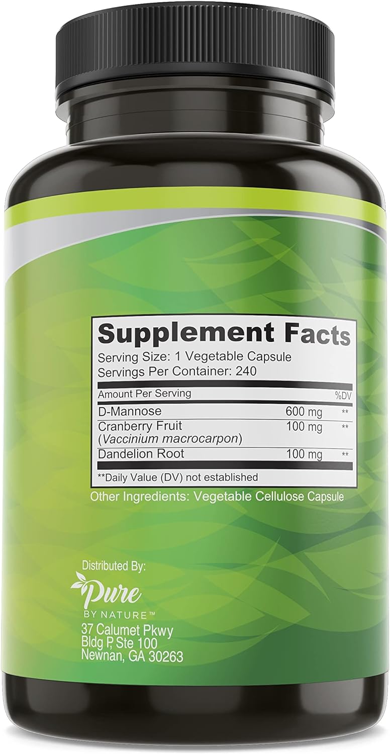 D MANOSA 600 MG CON ARÁNDANO 100 MG Y DIENTE DE LEON 100 MG 240 CAPSULAS SIN GMO PURE BY NATURE D MANNOSE WITH BLUEBERRY AND DANDELION