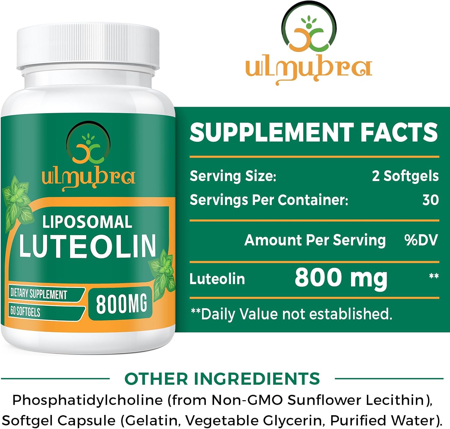 LUTEOLIN LIPOSOMAL  800 MG 60 CAPSULAS BLANDAS NO GMO ULMUBRA